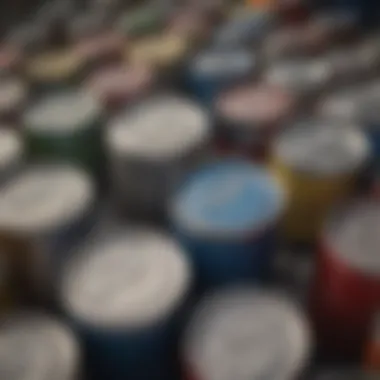 Responsible Paint Can Recycling A close-up of paint cans being prepared for recycling, illustrating responsible practices.