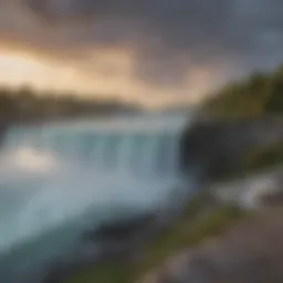 A panoramic view of Niagara Falls with visible waste along the banks.
