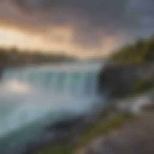 A panoramic view of Niagara Falls with visible waste along the banks.