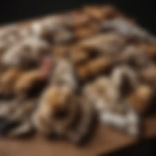 A visually striking display of various animal pelts arranged on a table, showcasing their texture and diversity.