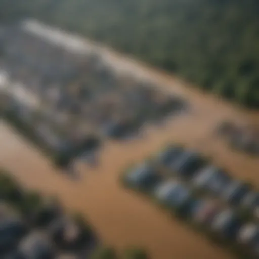 Aerial view showcasing a flood-prone area with surrounding infrastructure