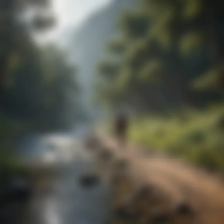 Backpacker crossing a picturesque river during expedition