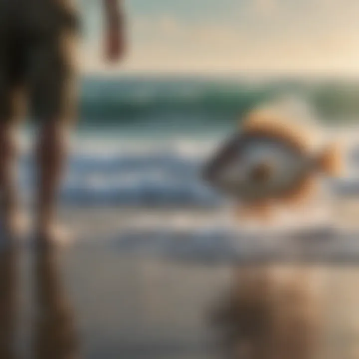 Beach angler catching fish with surf in background