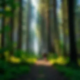 Lush green forest trail surrounded by tall trees