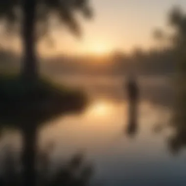 Angler casting a line into a calm lake during early morning