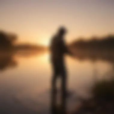 Sunset casting a warm glow on a fishing rod by the water