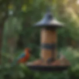 A variety of bird feeders in a lush garden