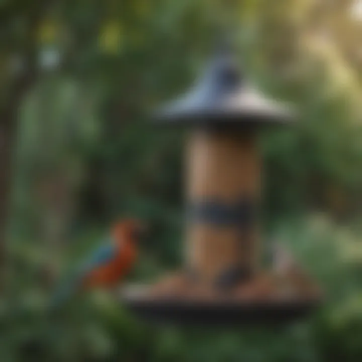 A variety of bird feeders in a lush garden