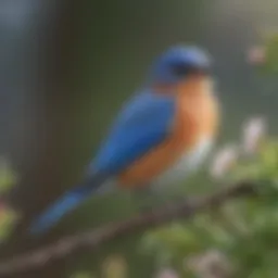 A vibrant Eastern Bluebird perched on a flowering branch.