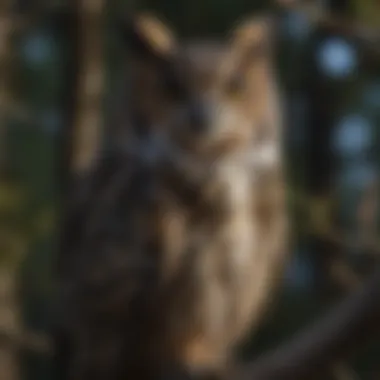 A Great Horned Owl resting on a tree branch at dusk.