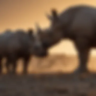 Silhouettes of critically endangered Black Rhinos in the African savannah