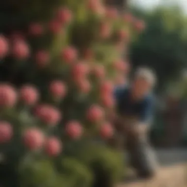 A gardener tending to blooming shrubs with care and attention