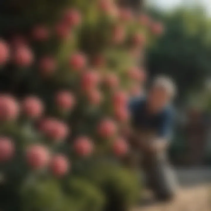 A gardener tending to blooming shrubs with care and attention