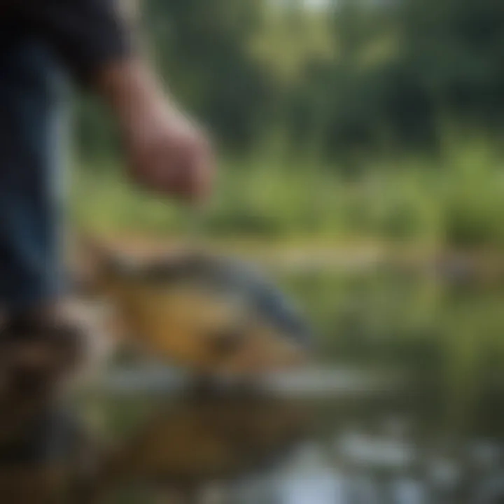 Person feeding bluegill in a pond