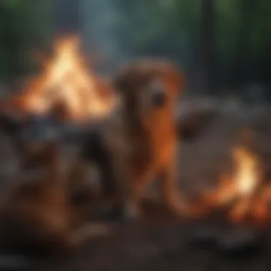 A cozy campfire setting with a dog relaxing nearby