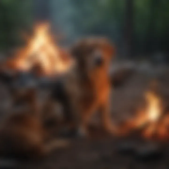 A cozy campfire setting with a dog relaxing nearby