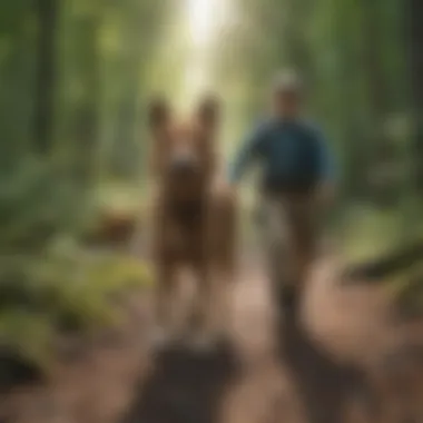 A hiker traversing a trail in the Catskills with a dog by their side