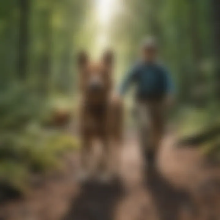 A hiker traversing a trail in the Catskills with a dog by their side