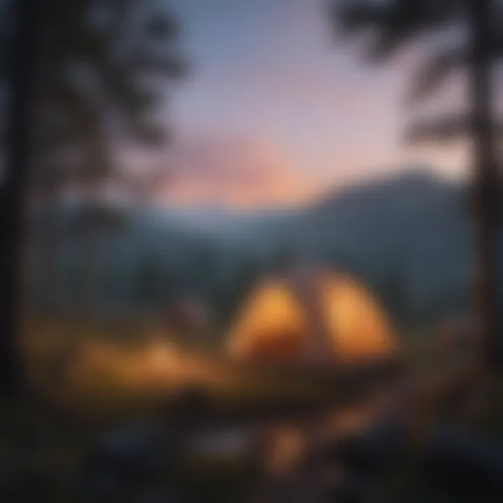 A tranquil campsite showcasing a completed emergency shelter at twilight