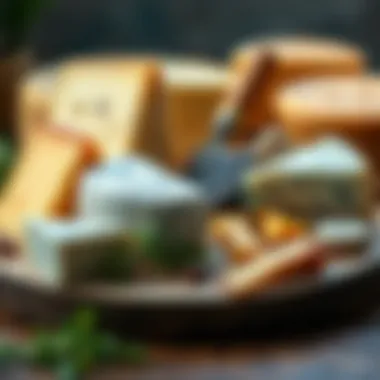 A diverse selection of cheeses displayed artfully on a wooden board.