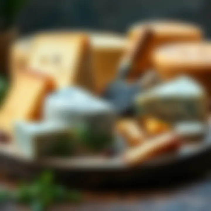 A diverse selection of cheeses displayed artfully on a wooden board.