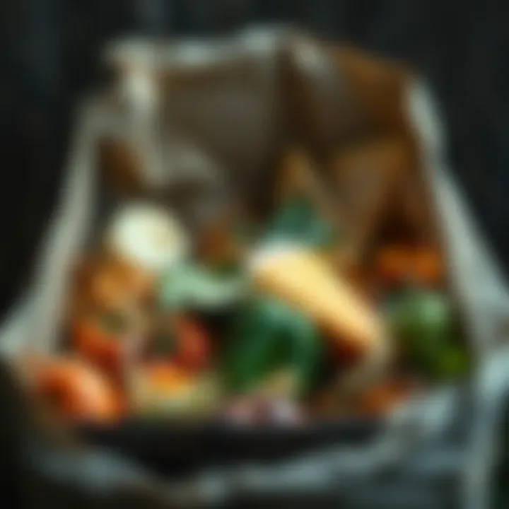 A compost bin exhibiting various organic materials including fruit peels and vegetable scraps.