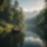 A pristine lake with a boat anchored peacefully, surrounded by lush greenery
