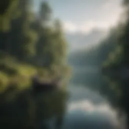 A pristine lake with a boat anchored peacefully, surrounded by lush greenery