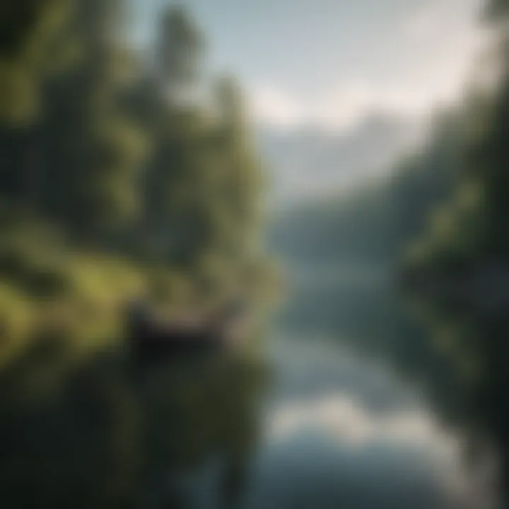 A pristine lake with a boat anchored peacefully, surrounded by lush greenery
