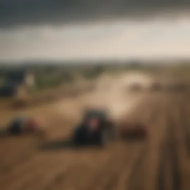 Agricultural fields with modern machinery highlighting intensive farming practices