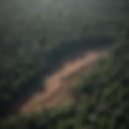 Aerial view of deforested land showing stark contrast with surrounding forests