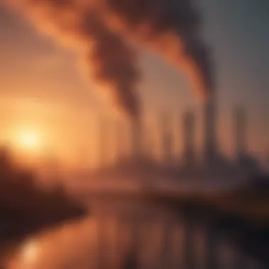 Industrial smoke stacks releasing emissions into the atmosphere during sunset