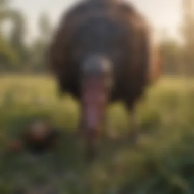 Close-up of wild turkey pecking at insects in grass