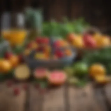 Variety of colorful fruits and herbs on a rustic wooden table