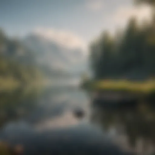 An illustration of a serene lake with a fishing boat in the background