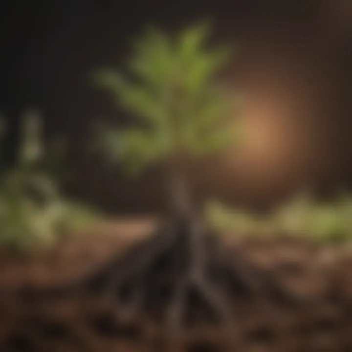 Close-up of soil with roots of a young Christmas tree seedling