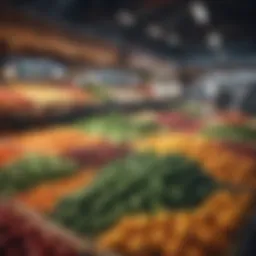 A vibrant display of fresh vegetables and fruits at a local market