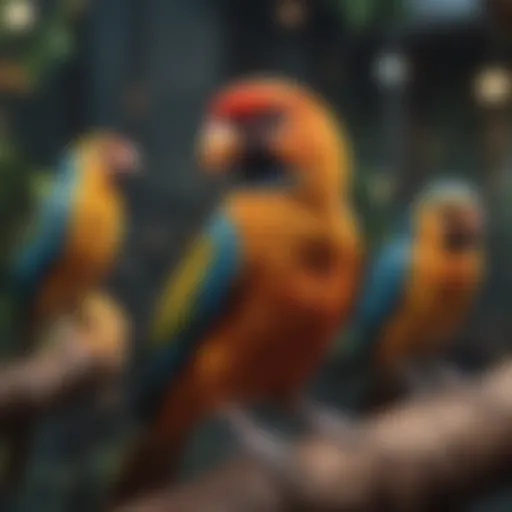 Colorful array of birds in a vibrant aviary setting