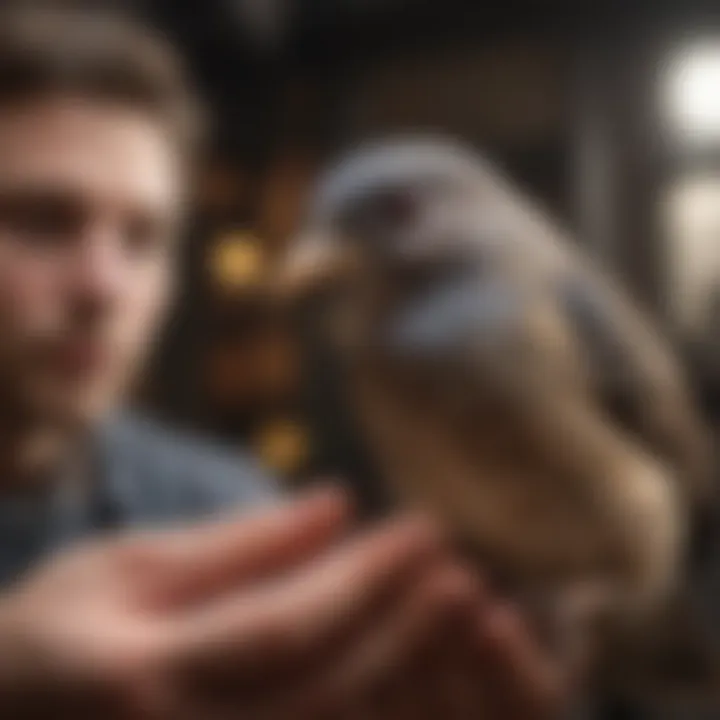 Close-up view of a bird being gently handled by a seller