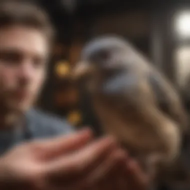 Ethical Handling of Birds Close-up view of a bird being gently handled by a seller