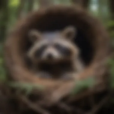 Raccoon snuggling in a cozy nesting spot