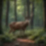 A serene woodland scene with a deer carcass partially obscured by foliage