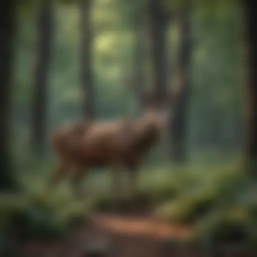 A serene woodland scene with a deer carcass partially obscured by foliage