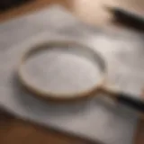 Magnifying glass analyzing paperwork