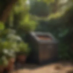 A compost bin nestled in a garden corner with vibrant plants around it