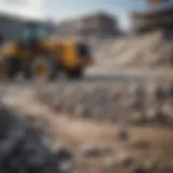 A construction site with concrete waste scattered around