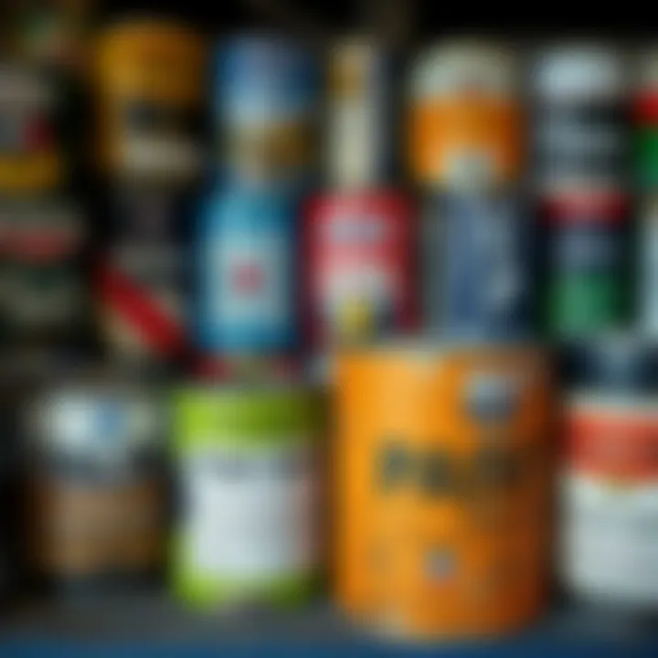 A collection of old paint cans with labels
