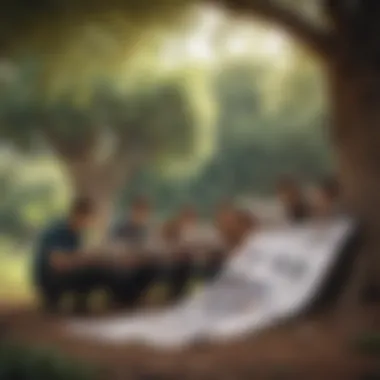 Illustration of diverse group reading eco newspaper under a tree