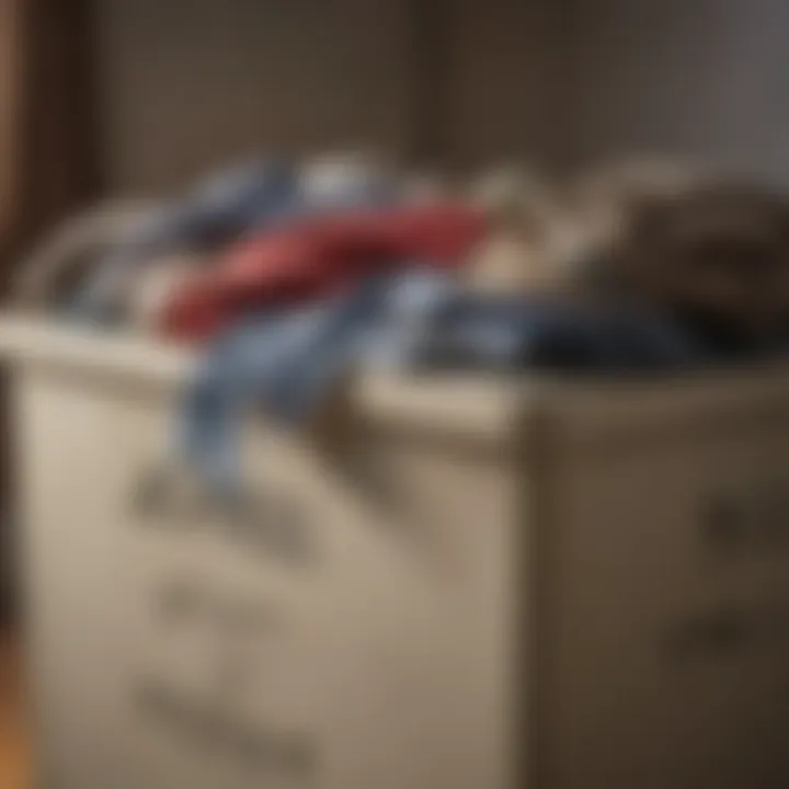 A close-up of a donation bin filled with assorted clothing.
