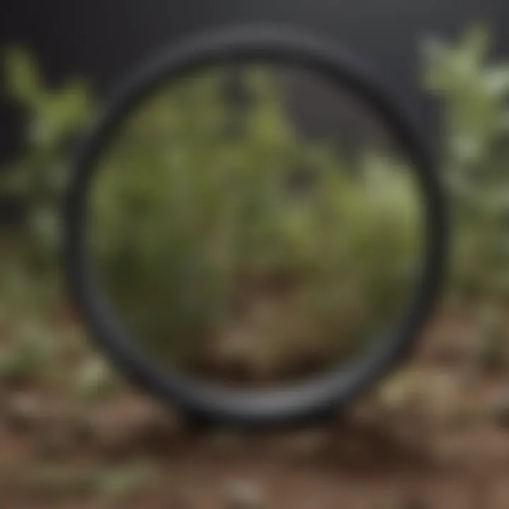 Magnifying the Details A close-up view of a magnifying glass revealing the fine details of dried herb leaves and stems.